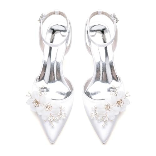 Women's Pearl Wedding Shoes - Kitten Heels, Bridal Shoes, Closed Toe, Ankle Strap, Satin Slingback Heels, Pumps3