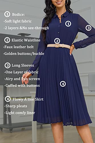 Business Casual Shirt Dress for Women Long Sleeves Pleated Midi Dresses with Belt4