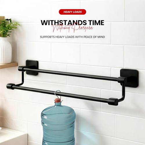 Image of Amazon Basics 24 Inch Bathroom Towel Hanger for Wall - Space Aluminum Towel Rod | Self Adhesive No Drill Rustproof Modern Towel Bar Rack for Bathroom & Kitchen