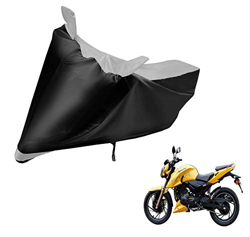 Image of Auto Hub Bike Cover Compatible with TVS Apache 200V with Mirror Pocket, Dustproof, Heat Resistant, Triple Stitched, Apache 200 Bike Cover- Black, Silver