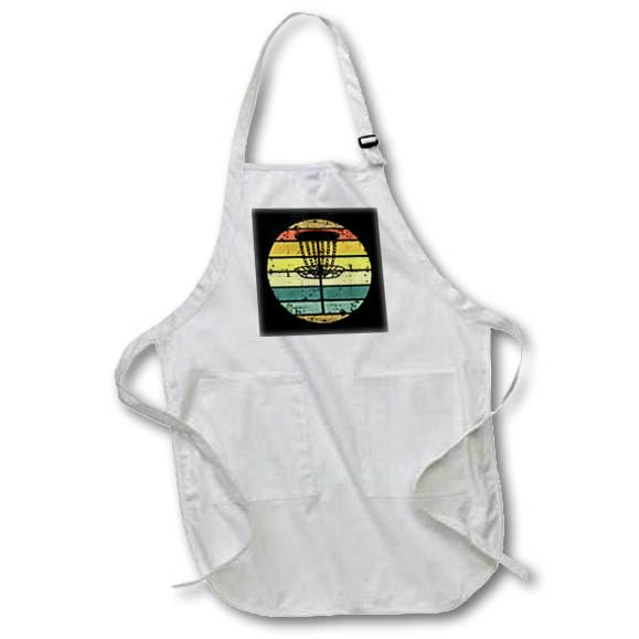 BLACK Full Length Apron with Pockets 22w x 30l - Black disc golf basket over retro striped circle on black background. Stamp City - typography - disc golf