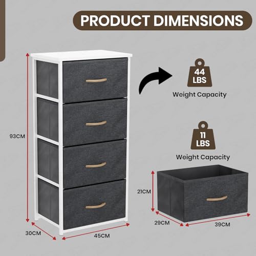 Image of Lukzer Fabric Chest of 4 Drawers Closet Drawer Organizer for Wardrobe | Fabric Drawer Storage for Closet Living Room /Bedroom Metal Storage Bookshelf Organizer (MMR-002 /White & White) - 45x30x93cm