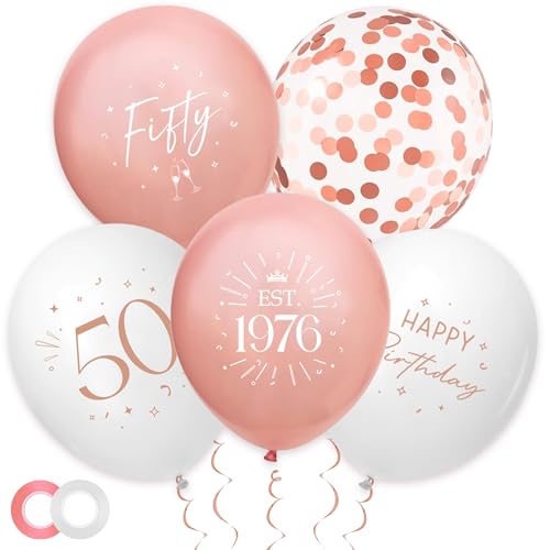 30 Pack 50th Birthday Balloons Decorations - Rose Gold 50 Party Decor for Women Fifty Balloon with Ribbon Retro Vintage Classic EST.1976 Happy 50th Birthday Decoration