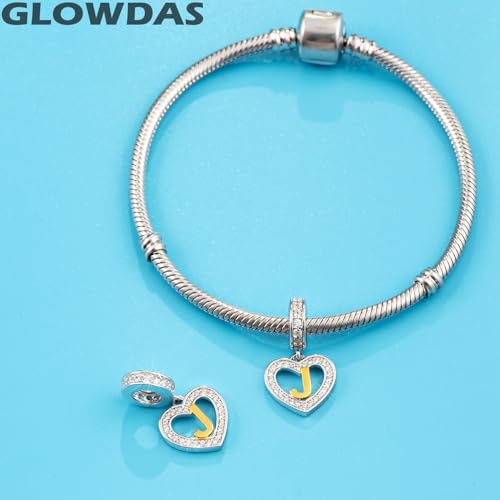 Image of GLOWDAS 18K Gold Plated Letter Charms Initial A to Z Necklace Pendant, 925 Sterling Silver CZ Heart Dangle Alphabet Beads fit European DIY Bracelet, Gifts for Valentiens /Christmas /Family
