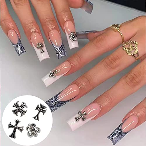 Chrome Heart Press on Nails Long Nail Charms Acrylic Nails Cross Chromes with Gems French Tip Nails with Design Pink Glue on Fake Nails Set for Women by Dreamynini (with 2 Styles Glue)