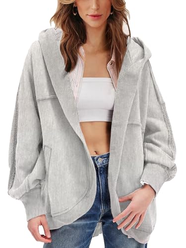FASEMONPIE Womens 2025 Hooded Cardigans Jacket Open Front Raglan Sleeve Sweatshirt Outfits Outwear with Pockets Grey X-Large