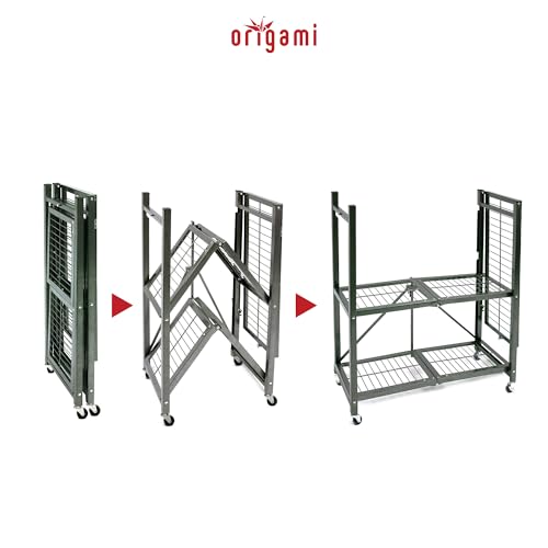 Image of Origami 3-Tier Foldable Storage Shelves, Heavy Duty Rolling Shelf Rack with Wheels, Pewter