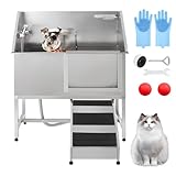 Hipicute 50" Dog Washing Station, Stainless Steel Pet Grooming Tub with Sliding Door, Non-Slip Steps & Left Drain for Medium & Small Dogs, Supports 250Lbs