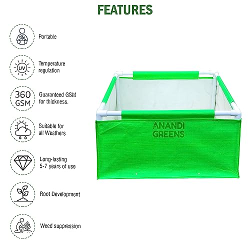 Image of Anandi Green's HDPE UV Protected 360 GSM Green Color Rectangular Plants Grow Bags Suitable for VegetableTerrace Gardening with PVC Pipe Support Pack of 1 (2x2x1 FIT)