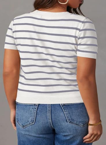 Image of Eytino Women Plus Size Sweater Tops Short Sleeve Crewneck Striped Tshirts Casual Summer Blouses Shirts(1X-5X)