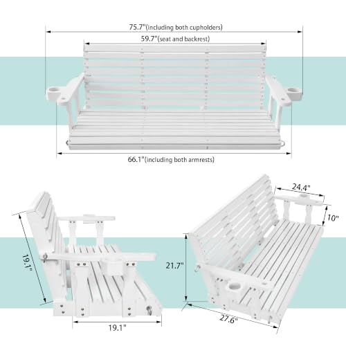 Image of Fortune Candy Wooden Porch Swing, Pure White, 5.5 FT Extra Large