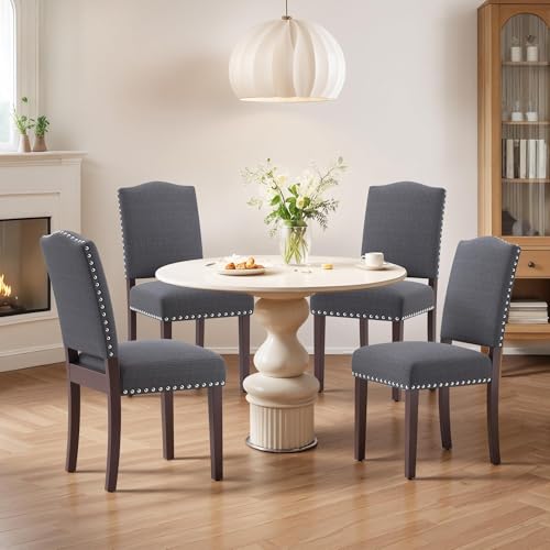 Image of Upholstered Dining Chairs Set of 4 with Thickened Seat Cushion, Wooden Mid-Century Modern Fabric Farmhouse Kitchen Chairs for Dining Room Living /Restaurant /Reading Room