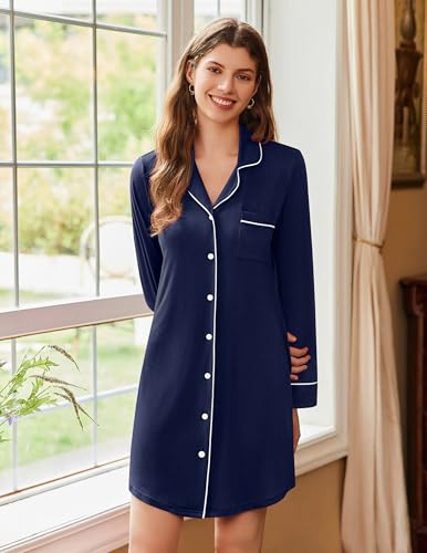 Image of Ekouaer Nightgowns for Women Long Sleeve Night Gown Button Pajama Dress