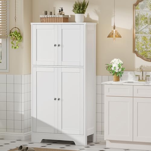 Image of TEENFON Bathroom Floor Storage Cabinet, Freestanding Bathroom Storage Unit with 2 Adjustable Shelves & 4 Doors, White