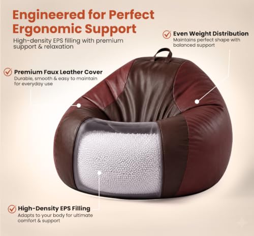 Image of Sattva Classic 3XL Bean Bag Chair with Beans Filled | Faux Leather Sofa Style Beanbags for Living Room | Pre-Filled Bin Bag Sofa for Adults & Kids | Beam Bag Seating for Home & Office - Brown & Tan