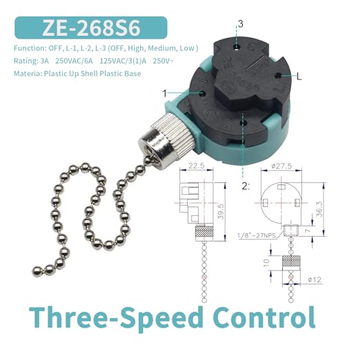 Image of Ceiling Fan Pull Chain Switch, 3-Speed 4-Wire Zing Ear ZE-268S6 Replacement Switch for Hunter, Hampton Bay, Harbor Breeze Ceiling Fans, Easy to Install (2PCS, Nickel)