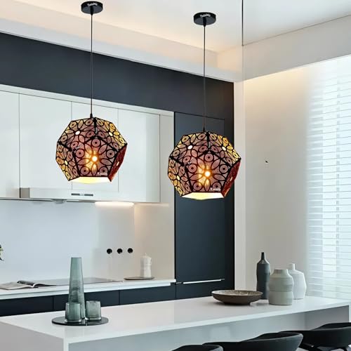 Image of twixle Metal Black Lazer Cutting Hexagonal Hanging Lights for Living Room /Pendant Lights for Ceiling /Hanging Lamps for Home Decoration /Decorative Hanging Lights,Metal (Without Bulb, 2, Pack)