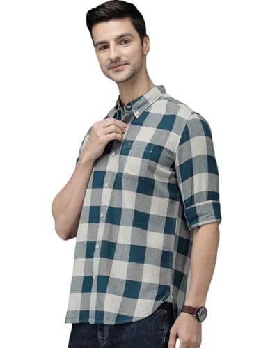 Image of THE BEAR HOUSE Men's Cotton Teal Blue Pure Cotton Checked Slim Fit Flannel Shirt | 3XL |TBH-JUUL-TL-3XL |