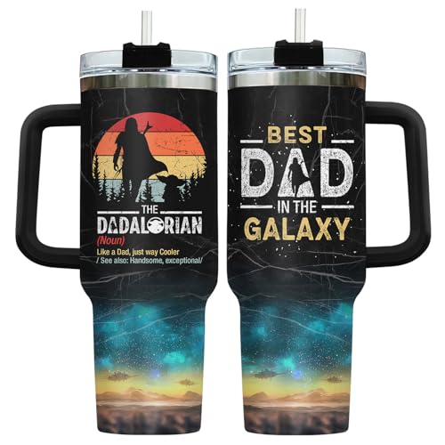 34HD Dadalorian Daddy Tumbler 40oz with Handle Lid and Straw, Funny Best Dad in the Galaxy Gift, Retro Sunset Outer Space Design, Insulated Stainless Steel Cup for Men, Father’s Day Birthday Present