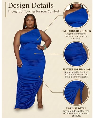 Image of Womens Sexy Plus Size One Off Shoulder Sleeveless Bodycon Ruched Evening Pencil Party Maxi Dresss