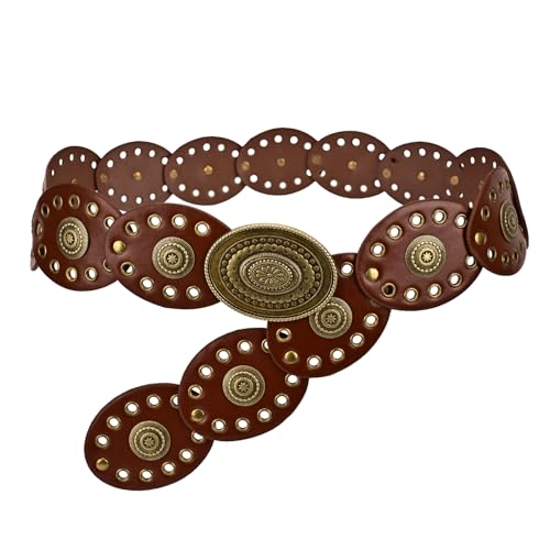 GDDDYWWJ Western Belt Women Vintage Western Wide Disc Cowboy Belt Wide Leather Boho Belts for Women Dresses Pants Skirts (Brown)