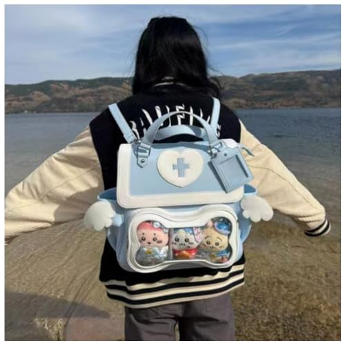 Image of Cute Puppy Bone Ita Bag Y2k Aesthetic Cute Backpack Waterproof PU Leather Backpack Cross and Angel Wings Ita Bag (Llight blue)