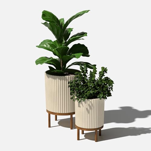 Image of Veradek Demi Series Raised Duo Planters - Set of 2 Planters with Stands | Made From a Durable Plastic-Stone Composite & Comes With Wooden Stand. Modern Porch /Patio Decor