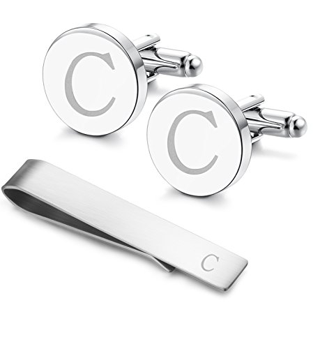 Image of LOYALLOOK Initial Cufflinks and Tie Clip Set for Men Silver Personalized Cuff links and Tie Bar Letter Alphabet A-Z Gift for Father Husband Valentine Gifts for Men