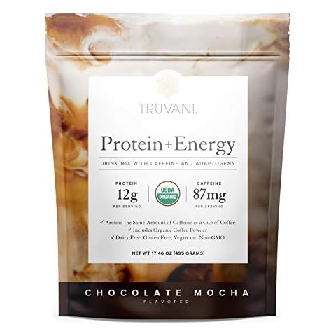 Truvani Protein + Energy Drink Mix with 87mg Caffeine | Chocolate Mocha | 12g Organic Plant Based Protein | 20 Servings | USDA Organic Coffee Powder & Adaptogens | Gluten & Dairy Free | Vegan Cover