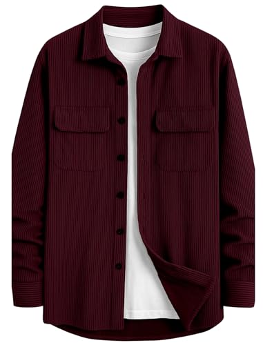 Image of DEELMO Men's Full Sleeve Corduroy Shirt | Stylish Textured Casual Button-Down Shacket for Autumn Winter | Dual Pocket Front Design | Ideal for Layering and Daily Outfits