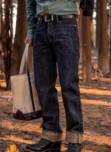 Men’S Casual Straight Cut Heavyweight Selvedge Denim Full Length Jeans Button Fly Mid Waist Rugged Style Daily Wear4