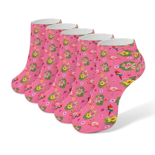 LITPUZC Women's Fashion Ankle Socks Funny Running Low Cut Socks Flamingos Flower Parrot Palm Pink Summer Holiday No Show Athletic Sock Soft Breathable Crew Sock 5 Pairs