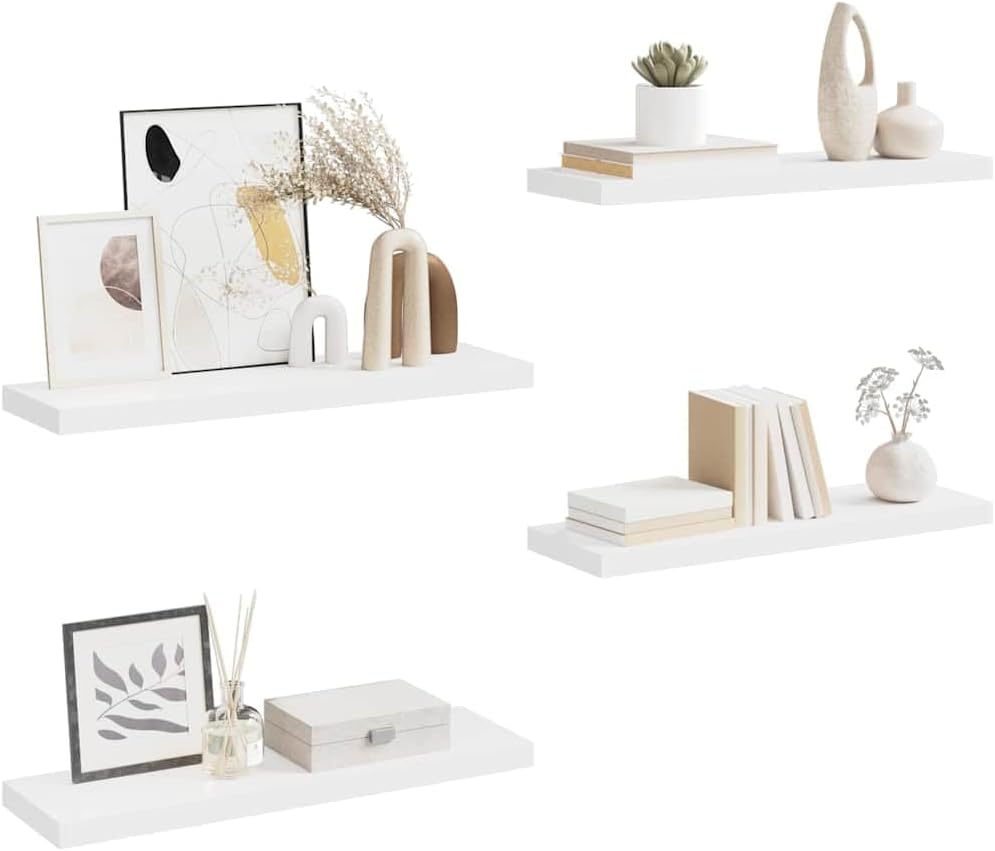 White Floating Wall Shelves Set of 4, Honeycomb MDF Wood, 31.5x9.3x1.5 in, Modern Ledge Design for Living Room, Bedroom, Bathroom Decor