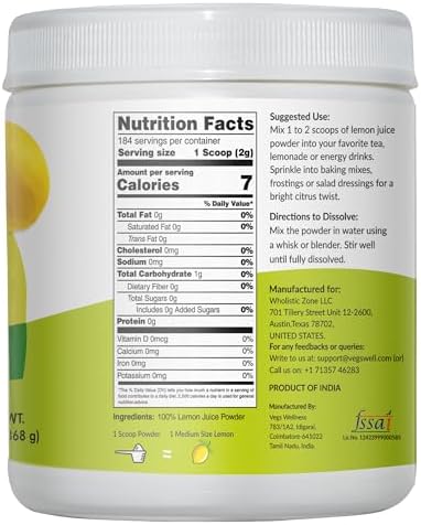 Vegs Lemon Juice Powder - Freeze Dried Organic Lemon Juice Concentrated Instant Powder with Natural Vitamin C & Electrolytes for Hydration, Beverages, Lemonade, Cooking, Flavoring, Sugar Free - 13 oz - 1