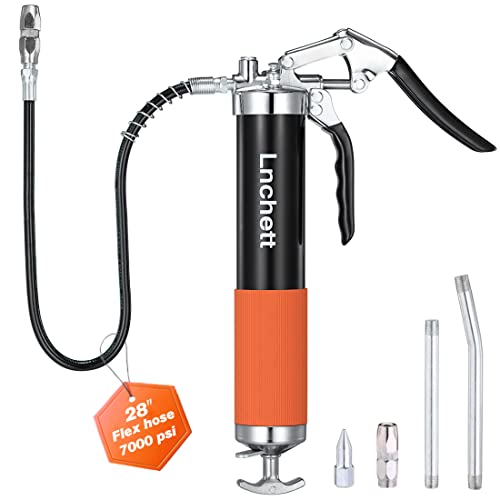 Lnchett Grease Gun, Professional Pistol Grip Grease Gun with 28 Inch Flex Hose, 2 Reinforced Coupler, 7000 PSI