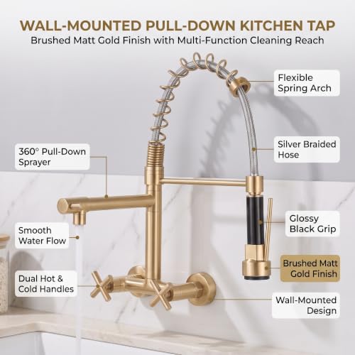 Image of InArt Elite Luxury with Wall-Mounted Kitchen Sink Tap - 360 Pull-Down Sprayer, Multi-Function Spray Head, Single Lever, Gold Finish, and Hot & Cold Functionality Faucet Sink - 5 Year Warranty
