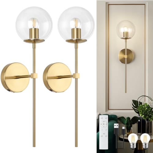 Image of Battery Operated wall Sconce Set of 2 Glass Globe 3000~6000K Rechargeable Wall Light Fixture Wireless Wall Lights with Clear Glass Shade for Living Room, Hallway, Bedroom(2 Pack)