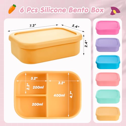 Image of Layhit 6 Pcs Silicone Bento Box for Adults, 27 oz Bento Lunch Container Reusable Food Container for Women Men, Leak Proof Microwave Dishwasher Freezer Safe (3 Compartments,Fluorescent Multicolor)