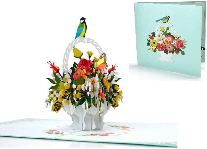 3D 鳥と花 バスケット ポップアップ グリーティングカード 誕生日 ただ