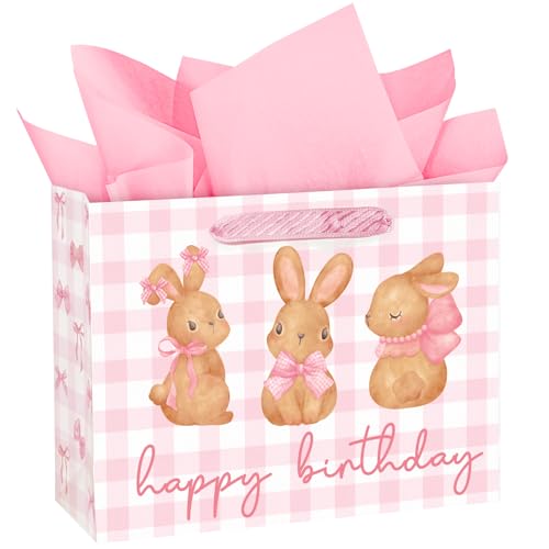 WRAPAHOLIC 13 Large Pink Bow Bunny Happy Birthday Gift Bag with Tissue Paper - Watercolor Coquette Rabbit Paper Bags for Girls Birthday and Baby Girl Shower