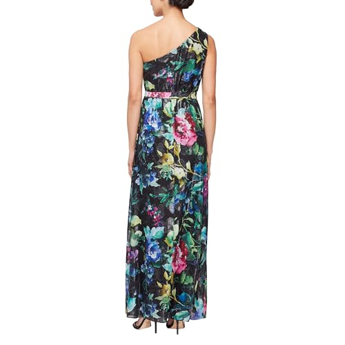 Image of S.L. Fashions Women's Printed One Shoulder Long Maxi Dress with Tie Waist (Petite and Regular Sizes)
