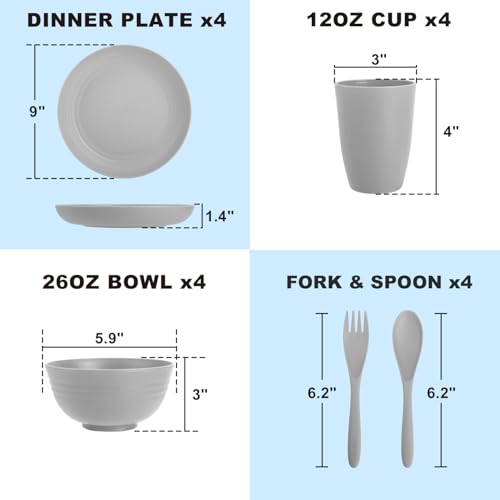 Image of Wheat Straw Dinnerware Sets, 20 PCS Service for 4, Dishwasher & Microwave Safe Kids Plates and Bowls Sets, Unbreakable Lightweight Outdoor Camping Dishes - Gray