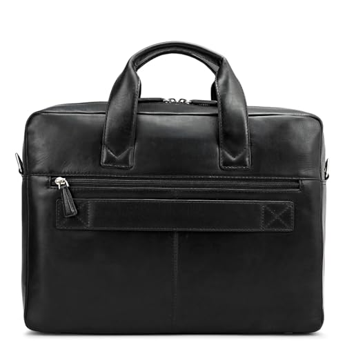 Image of Da Milano Genuine Leather Laptop Bag for Men & Women | Black Office Briefcase Fits 14 inch Laptop | Professional Work Bag with Card Slots, Zip Pockets & Detachable Shoulder Strap