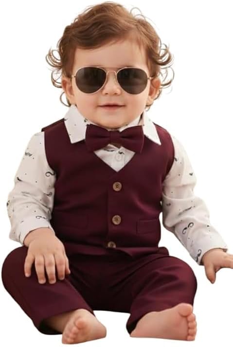 Baby Boys and Girls Solid Cotton Blend Blazer Style Tshirt and Pant Set with Bow Tie Toddlers for Kids 3-Piece Outfit for Kids Party, Wedding & Casual Wear (Maroon)