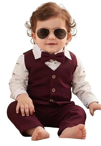 Procyon Baby Boys and Girls Solid Cotton Blend Blaze Style T Shirt and Pant Set with Bow Tie Toddlers for Kids 3-Piece Outfit for Kids Party, Wedding & Casual Wear (Maroon) (9-12 Month)