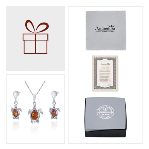 Conjunto de joyas de plata de ley con ámbar báltico coñac collar y pendientes de tortuga 7