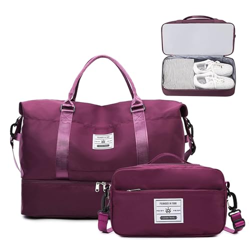 JXCTNNU Bolsas de Viaje Bolsas de Deporte Bolsa de Gimnasio Impermeable Bolsa de Mano Equipaje Fin de Semana con Bolsa Húmeda y Zapatero para Hombre Mujer (Rojo Morado)