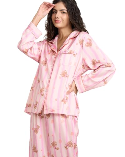 Image of YiNi LuLu Womens Silk Satin Pajamas Set Button Down 2 Piece Pjs Long Sleeve Oversized Sleepwear with Pockets