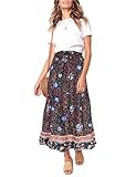 MEROKEETY Women's Boho Floral Print Elastic High Waist Pleated A Line Maxi Skirt Navy