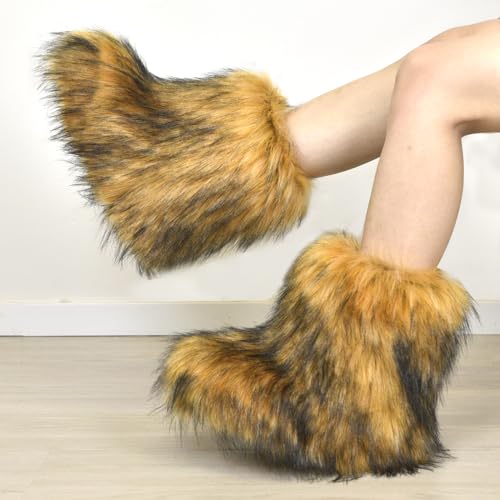 Image of Fashion Fur Boots,Flat Heel Comfy Plush Warm Snow Booties,2025 Winter Outdoors Furry Boots,Mid-Calf Faux fur Boot for Women.